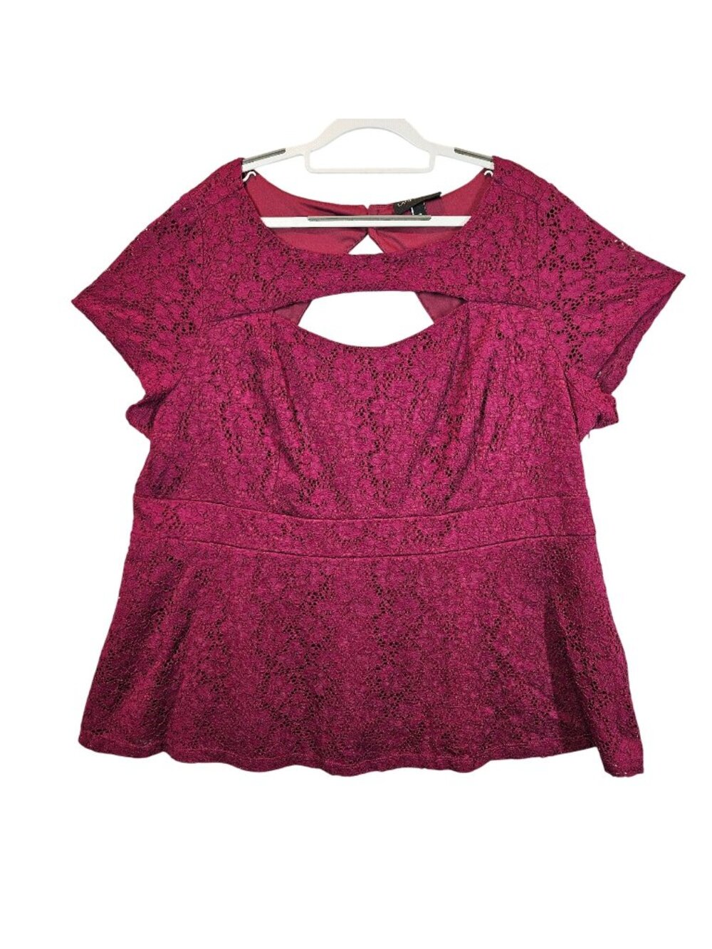 Lane Bryant blouse Womens 28  Plus Burgundy Lace Overlay keyhole peplum career